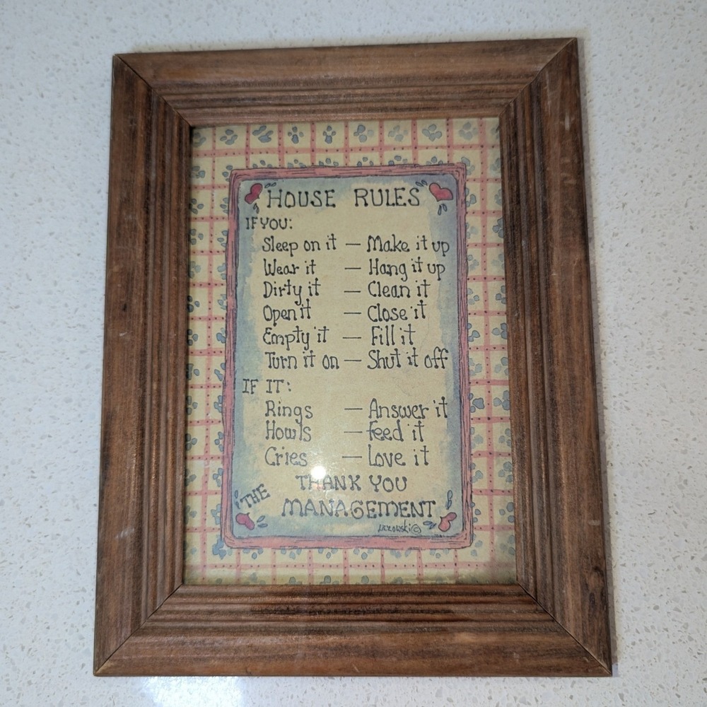 Patty Prints House Rules Wall Art Brown Wood Frame 7x9 Cottagecore Farmhouse